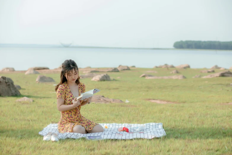 a woman sitting on a blanket reading a book, by Wen Zhenheng, pexels contest winner, realism, wearing in a summer dress, 15081959 21121991 01012000 4k, lake view, handsome girl