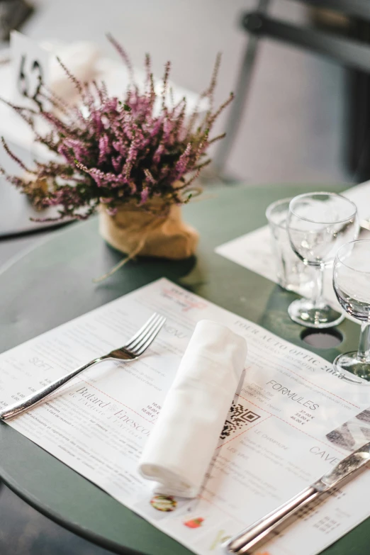 a table that has a bunch of place settings on it, by Daniel Gelon, unsplash, renaissance, restaurant menu photo, papers on table, with a white, herbs