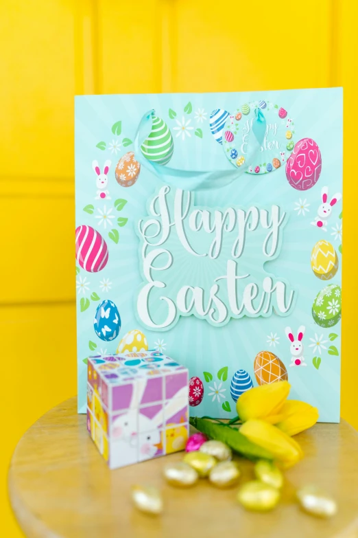 an easter card sitting on top of a table, a picture, detailed product image, brightly lit!, happy colors, in the background