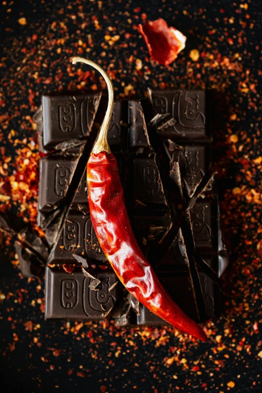 a chocolate bar with a chili on top of it, a still life, inspired by Asai Chū, trending on pexels, made of tar, sichuan, black, smoky