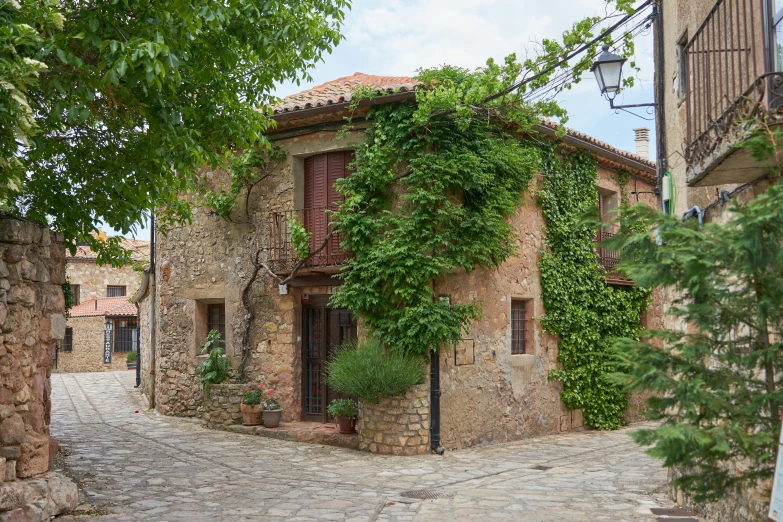 a cobblestone street with a stone building in the background, inspired by Eva Gonzalès, pexels contest winner, romanesque, covered with vegetation, farmhouse, square, spanish