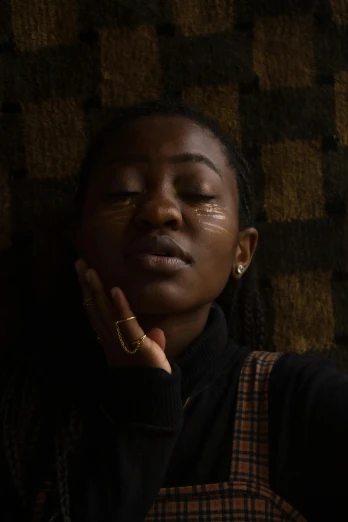 a woman taking a selfie with her cell phone, by Chinwe Chukwuogo-Roy, trending on pexels, visual art, portrait of mournful, cream dripping on face, studio photo, black teenage girl