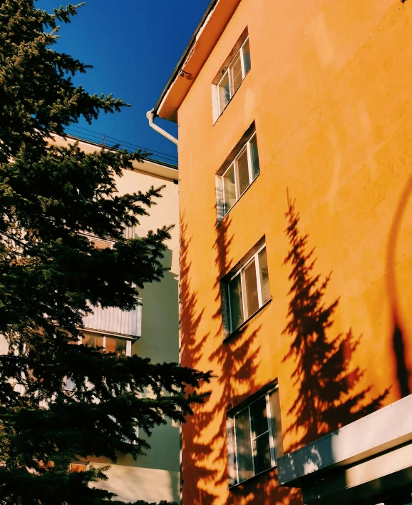 a clock that is on the side of a building, an album cover, by Anna Haifisch, unsplash contest winner, bauhaus, spruce trees, sunny complementary palette, 🌲🌌, magical soviet town