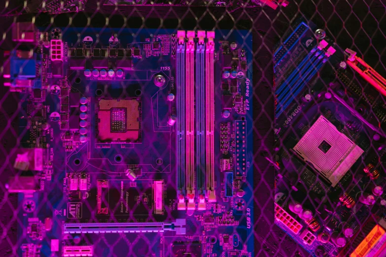 a close up of a computer mother board, a computer rendering, by Carey Morris, pexels, purple and pink and blue neons, y2k aesthetic, gpus go brrr, intricate environment - n 9