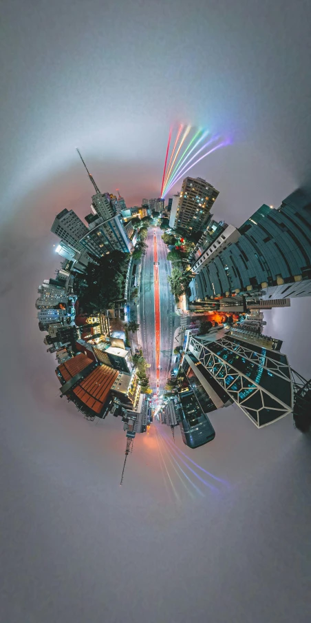 an aerial view of a city at night, a 3D render, unsplash contest winner, panfuturism, fisheye lens photo, ((fish eye)), auckland sky tower, inside a globe