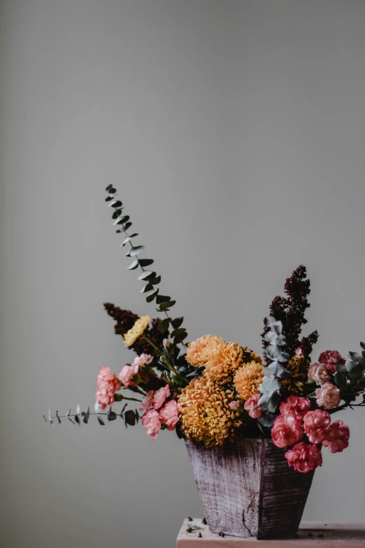 a vase filled with flowers sitting on top of a table, by Carey Morris, trending on unsplash, baroque, on grey background, coxcomb, brown and pink color scheme, gray and orange colours