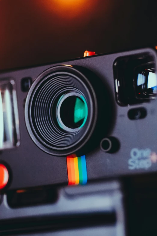 a polar camera sitting on top of a table, trending on pexels, holography, technicolour film, with instagram filters, looking up at camera, nostalgic and euphoric