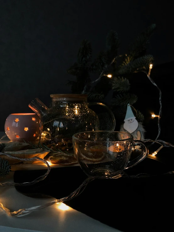 a close up of a plate of food on a table, a still life, by Ivana Kobilca, pexels, light and space, christmas lights, foggy mood, miniature product photo, dark vignette