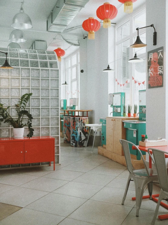 a dining room filled with lots of tables and chairs, a 3D render, by Emma Andijewska, pexels contest winner, red turquoise accents, in moscow centre, cafe interior, gif