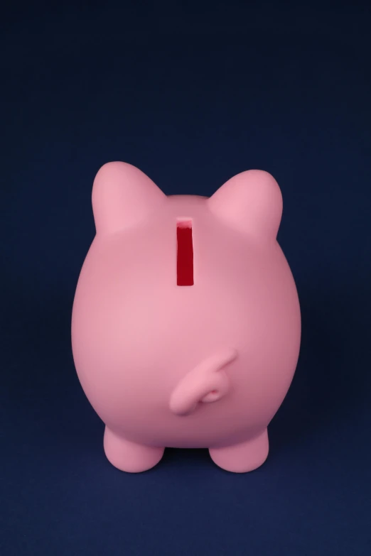 a pink piggy bank sitting on top of a blue surface, by Peter Alexander Hay, mingei, posable pvc, front lit, meow, long shot from back