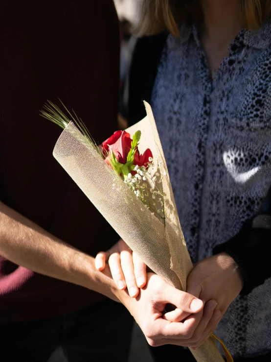 a person handing a bunch of flowers to another person, by Julia Pishtar, holding a red rose, sydney hanson, sunlit, maroon