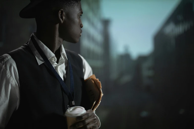 a man holding a cup of coffee and a donut, inspired by Gordon Parks, cgsociety unreal engine, dark-skinned, twilight in the city, looking across the shoulder