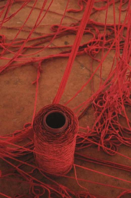 a spool of red thread sitting on top of a table, inspired by Chiharu Shiota, mesh roots. closeup, red dust, promo material, ignant