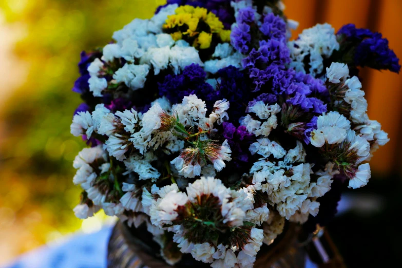 a close up of a vase of flowers on a table, blue and purple plants, she has a crown of dried flowers, slide show, exterior shot