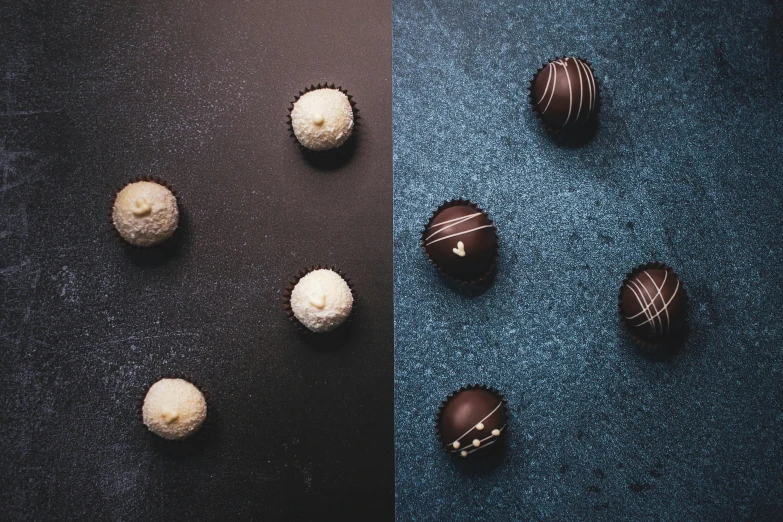 a couple of chocolates sitting on top of a table, inspired by Elsa Bleda, trending on pexels, photorealism, spheres, food photography”, diptych, thumbnail