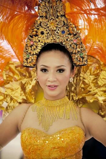 a close up of a person wearing a costume, an album cover, inspired by Tang Di, sumatraism, gold wings on head, actress, parade, but very good looking”