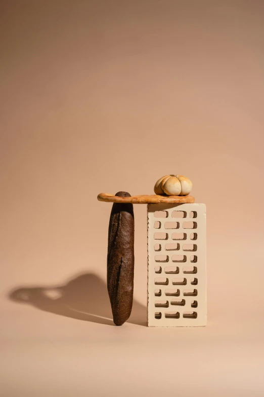a piece of bread sitting on top of a table, an abstract sculpture, inspired by Isamu Noguchi, brown scales, long boi, thomas kinade, balance and proportional