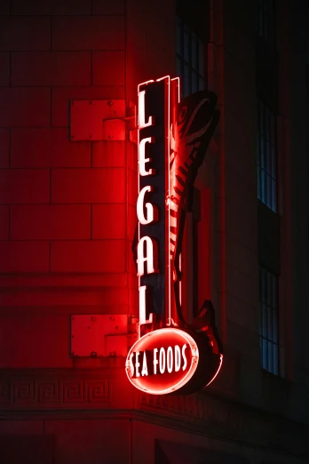 a neon sign on the side of a building, local foods, law aligned, regal aesthetic, f/2.5