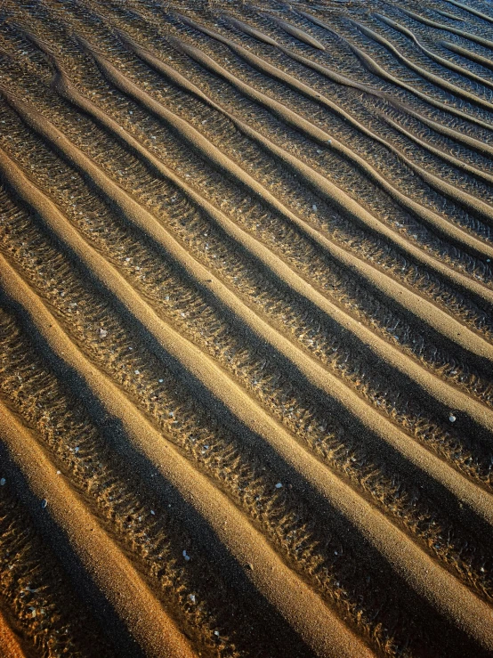 a large body of water sitting on top of a sandy beach, an album cover, inspired by Andreas Gursky, unsplash, land art, intricate wrinkles, stripes, black sand, repeating pattern