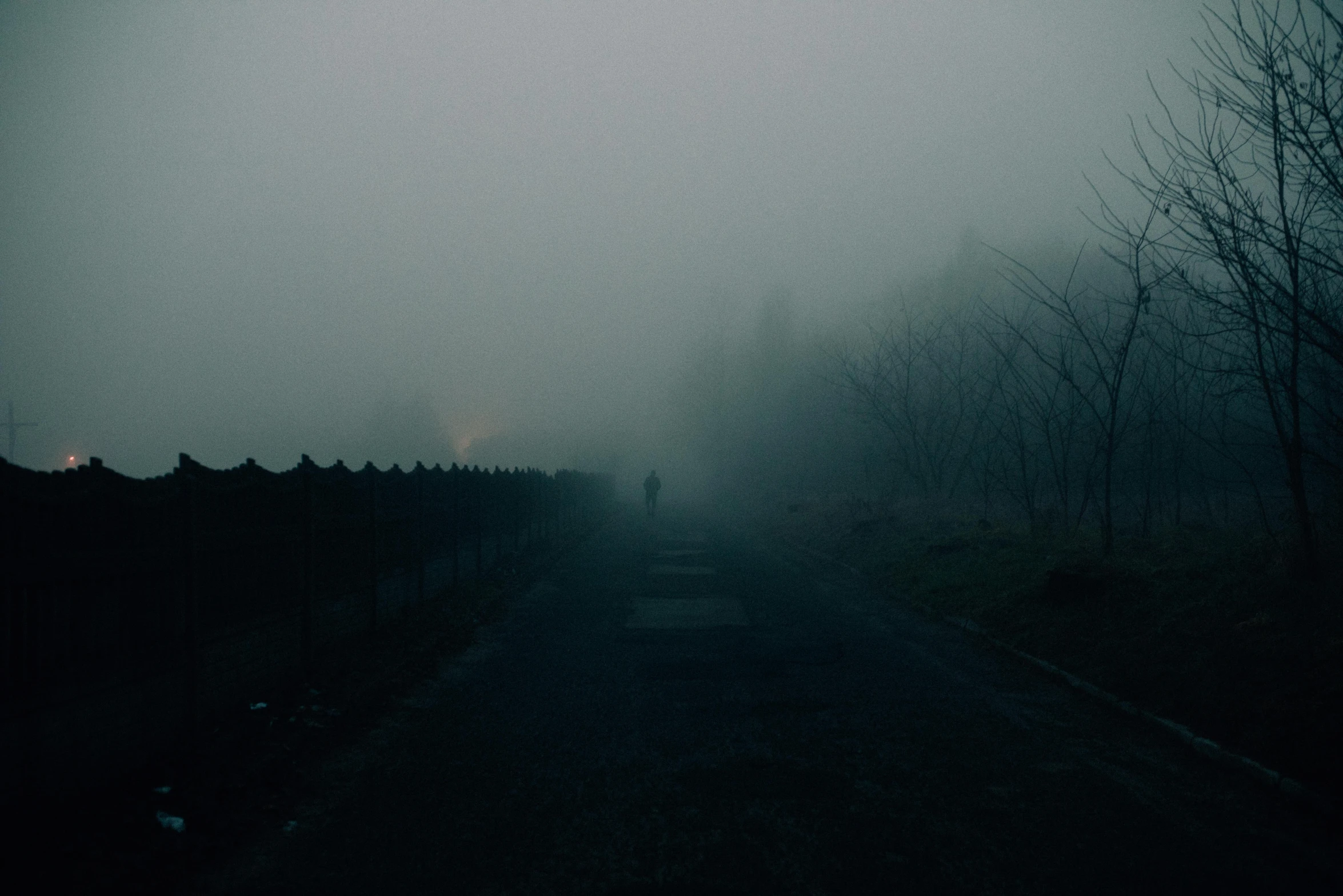 a person walking down a road in the fog, inspired by Elsa Bleda, pexels contest winner, romanticism, foggy dark graveyard, dystopian mood, instagram picture, dark