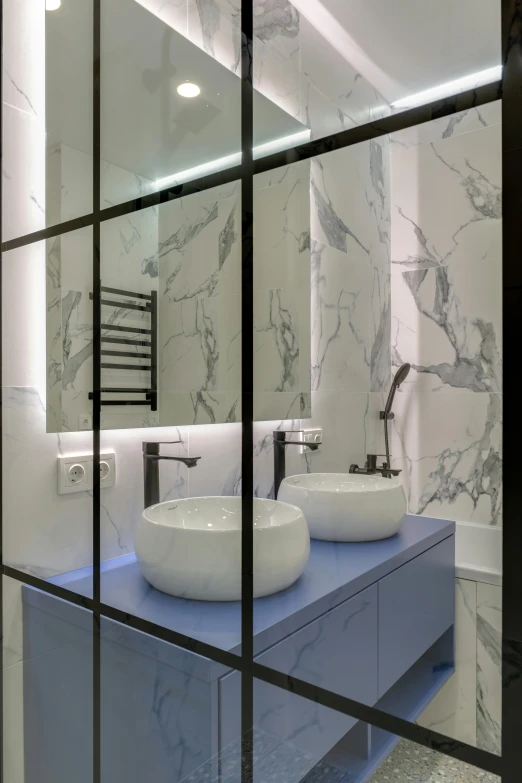 a bath room with a sink a mirror and a bath tub, by Emma Andijewska, bauhaus, neo kyiv, blue light accents, marble countertops, closeup - view