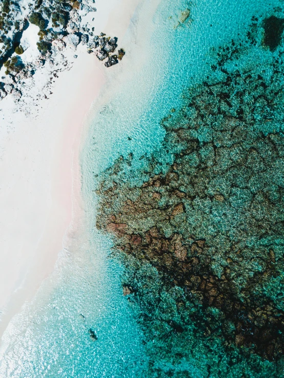 a large body of water next to a sandy beach, a screenshot, by Lee Loughridge, pexels contest winner, elegant coral sea bottom, high angle shot, award winning photo, dramatic details