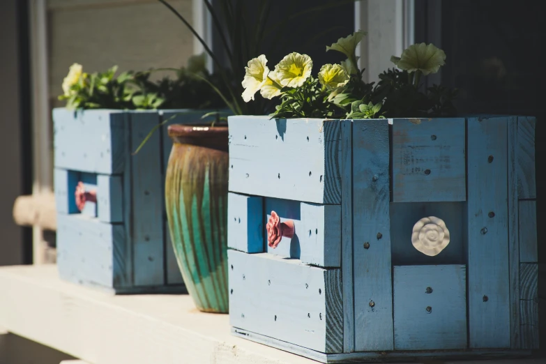 a couple of wooden boxes sitting on top of a window sill, inspired by Rachel Whiteread, unsplash, auto-destructive art, blue delphinium, teal silver red, planters, wooden toilets