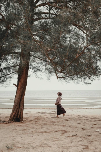a person standing under a tree on a beach, walking away from the camera, vietnamese woman, muted colours, unsplash photography