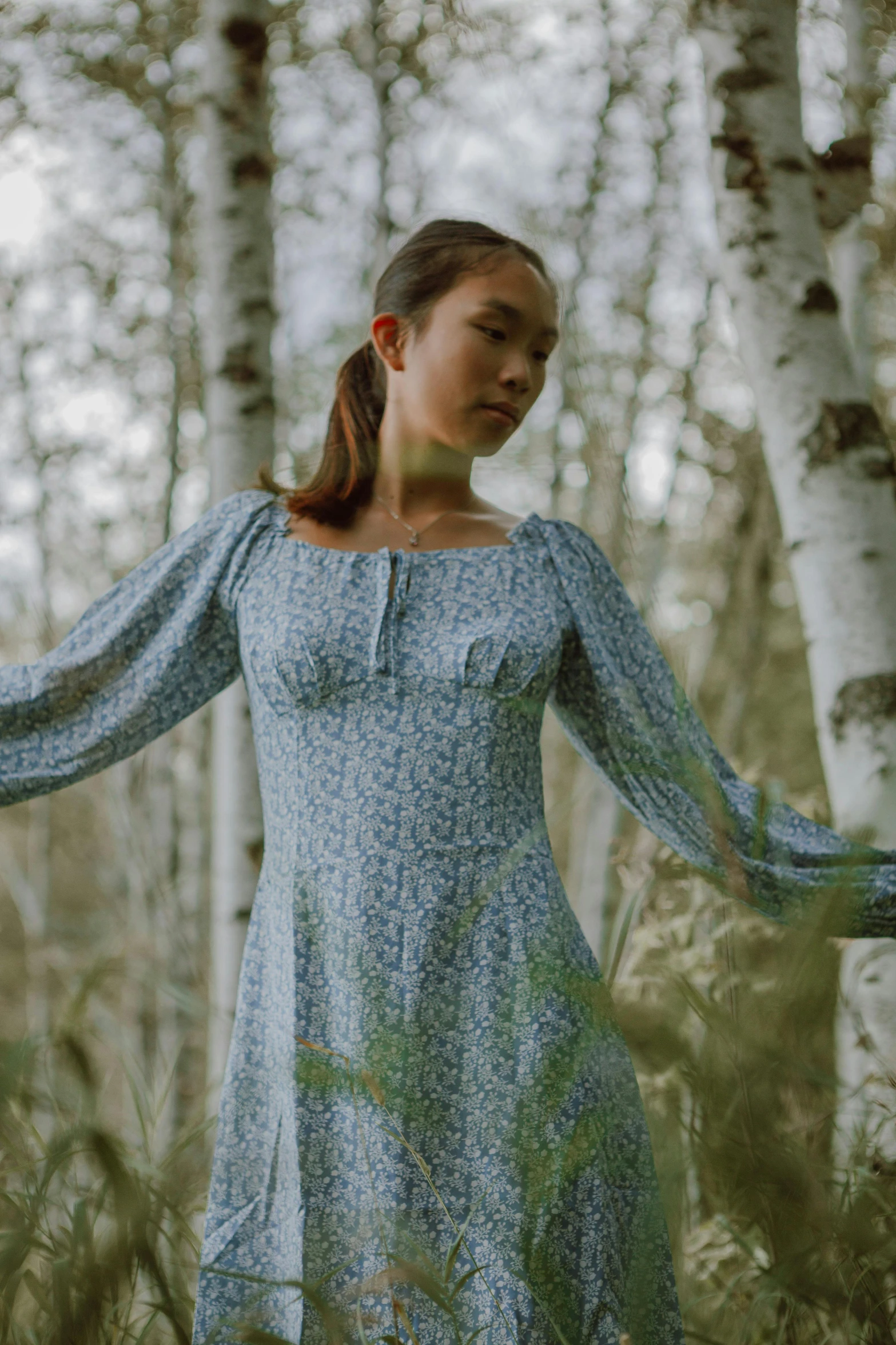 a woman in a blue dress standing in a forest, puff sleeves, promo photo, curated collections, prairie