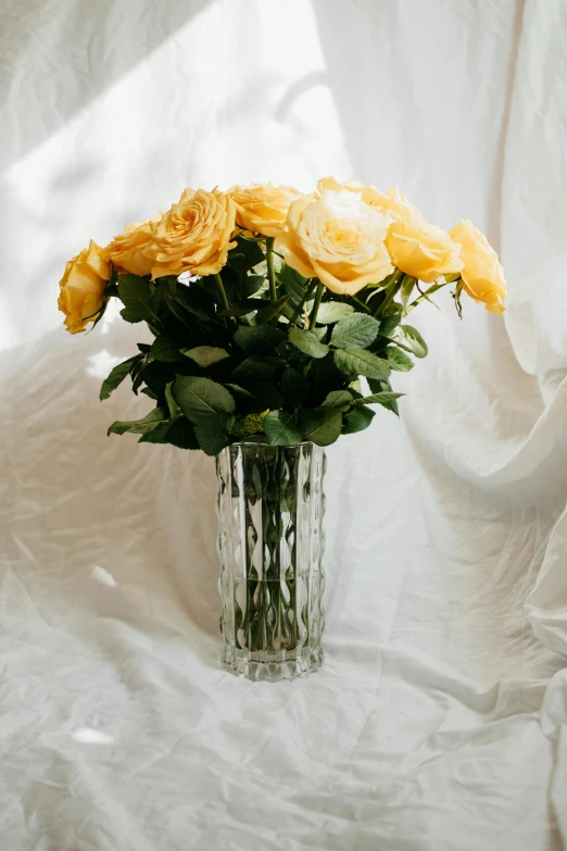 a vase filled with yellow roses sitting on a bed, inspired by Hyman Bloom, unsplash, faceted, large tall, classic gem, tufted softly