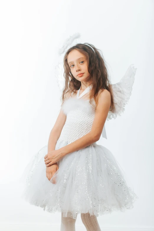 a little girl dressed up in a white dress, inspired by Marie Angel, shutterstock contest winner, wearing silver dress, on white, fae teenage girl, 15081959 21121991 01012000 4k