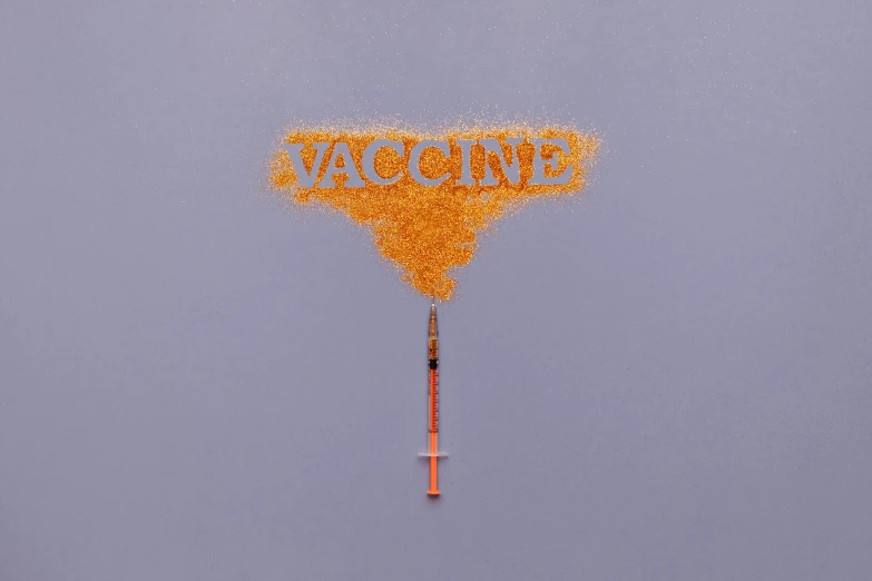 a fire hydrant with the word vacuine written on it, an album cover, by Attila Meszlenyi, trending on pexels, conceptual art, holding a syringe, clemens ascher, some orange and blue, made of lab tissue