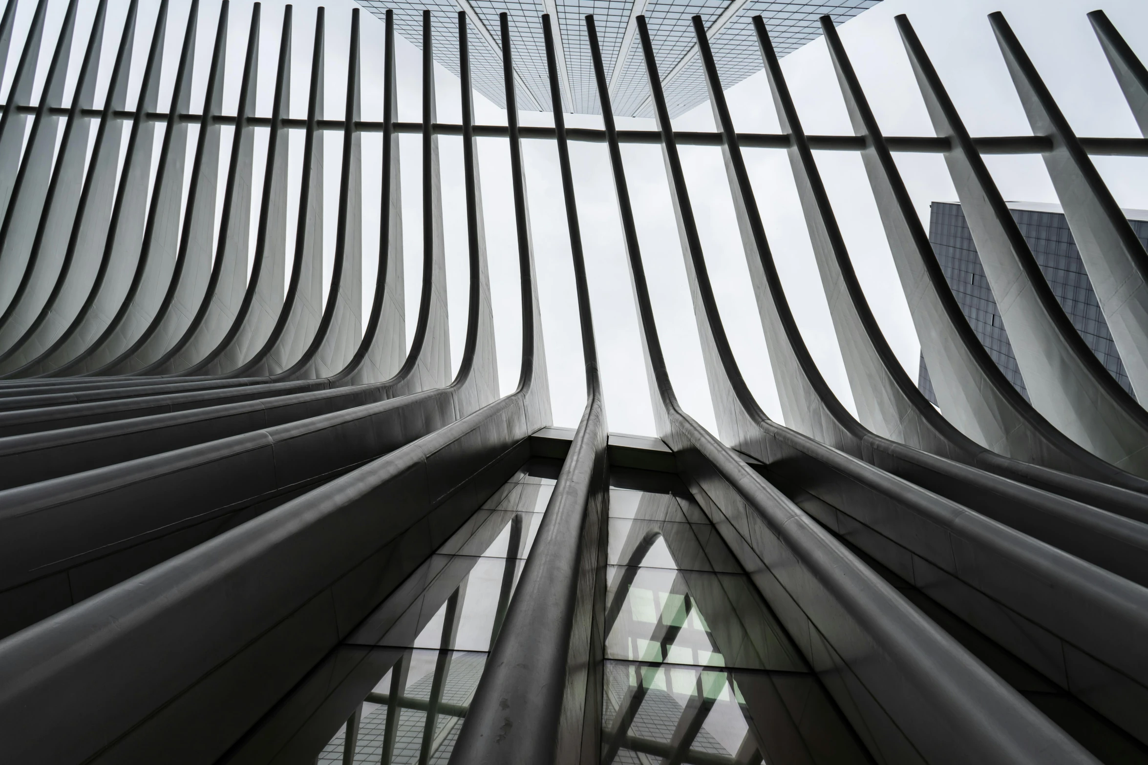 a black and white photo of a building, an album cover, inspired by Zaha Hadid, pexels contest winner, pipe organ, streamlined spines, pittsburgh, square lines