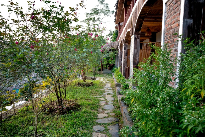 a stone path in front of a brick building, assam tea garden setting, vibrant greenery outside, ecovillage, hoang long ly