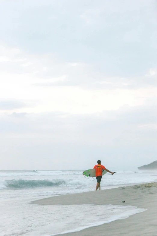 a person walking on a beach with a surfboard, the ocean, from the back, waving at the camera, bali