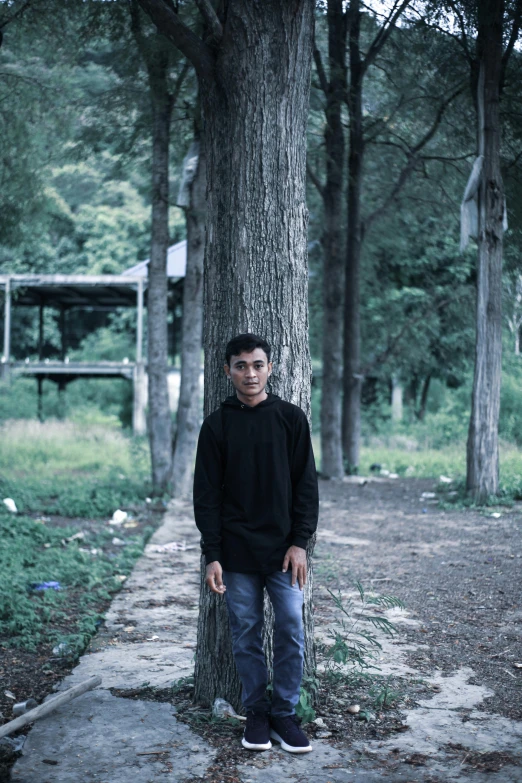 a man standing next to a tree in a park, an album cover, by Ismail Acar, unsplash, sumatraism, teenage boy, ((trees)), portrait of forest gog, an abandoned