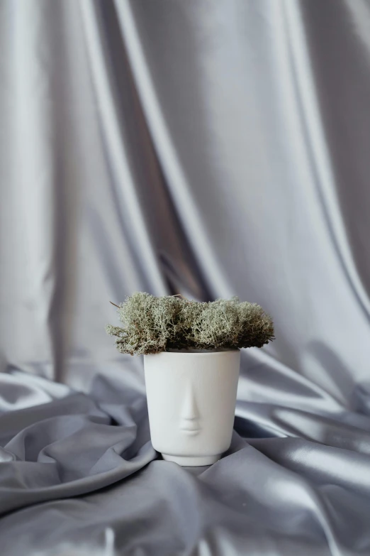 a close up of a pot with a plant in it, a marble sculpture, inspired by Hendrik Gerritsz Pot, trending on unsplash, art nouveau, portrait photo of a backdrop, white mask, made of silk paper, lavender