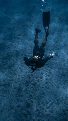 a person swimming in a body of water, seafloor, dark blue water, down there, thumbnail
