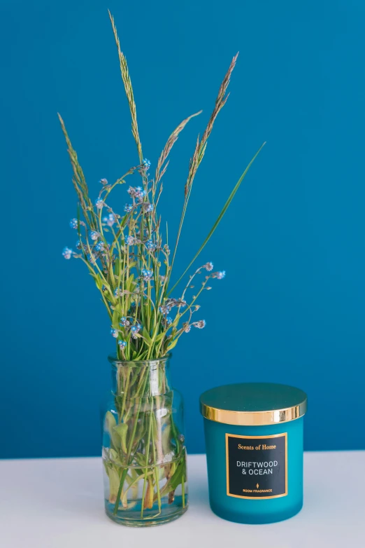 a vase filled with flowers next to a candle, inspired by Monet, cyan and gold scheme, reeds, lobelia, product display photograph