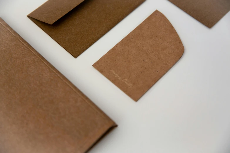 several pieces of brown paper sitting on top of a table, unsplash, private press, pouches, wow wow detail, very crisp details, set against a white background