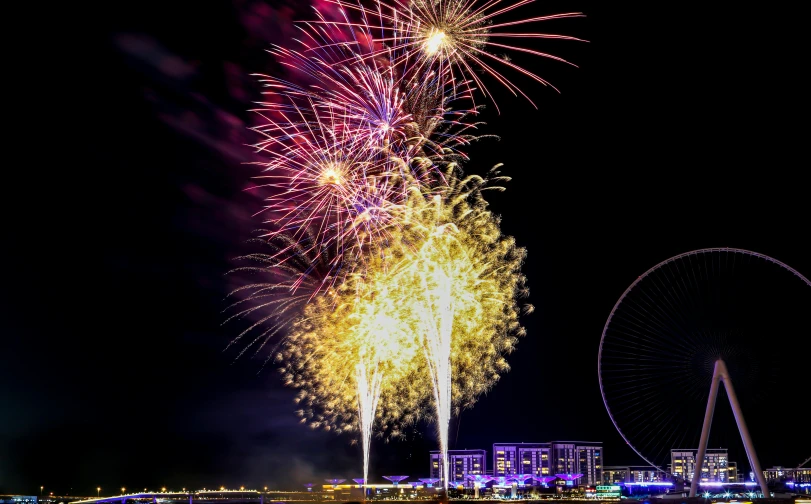 a fireworks display with a ferris wheel in the background, a portrait, pexels contest winner, hurufiyya, dubai, thumbnail, hyperdetailed!, enhanced photo