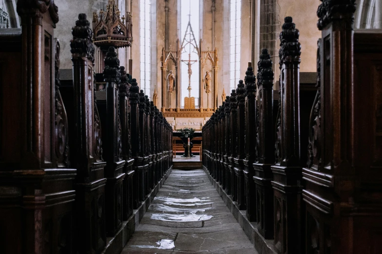 a long row of pews in a church, pexels contest winner, renaissance, behind her a gothic cathedral, etched inscriptions, thumbnail, multiple stories