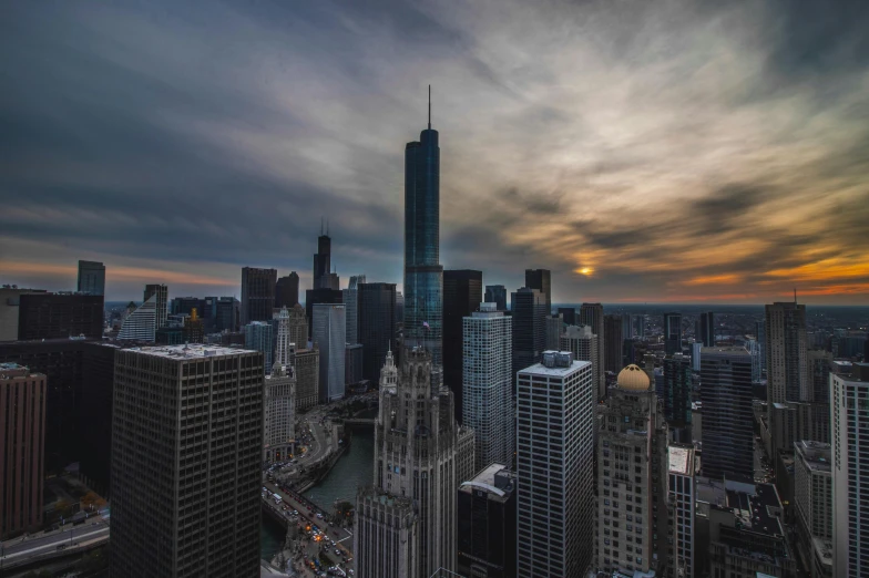 a view of a city from the top of a building, by Greg Rutkowski, pexels contest winner, chicago skyline, album cover, end of day, photo 8 k