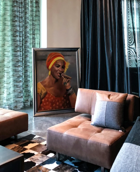 a living room filled with furniture and a painting, by Gavin Hamilton, pexels contest winner, pop art, stunning african princess, high detail portrait photo, photo on iphone, grace jones