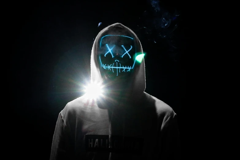 a person wearing a mask in the dark, a hologram, pexels contest winner, graffiti, highkey lighting, sans from undertale, discord profile picture, hoodie