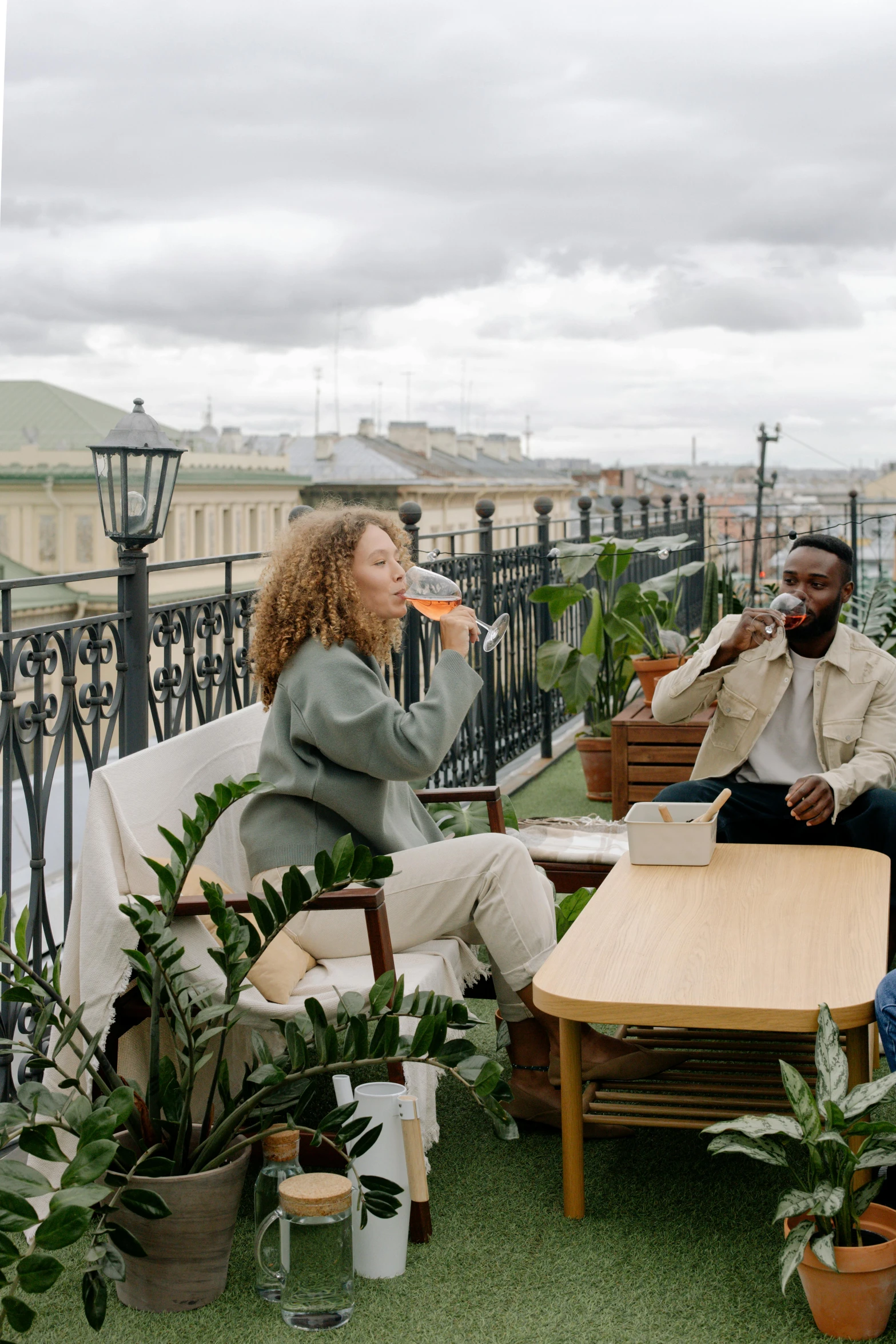 a group of people sitting on top of a roof, with a drink, high-quality photo, plants and patio, ekaterina