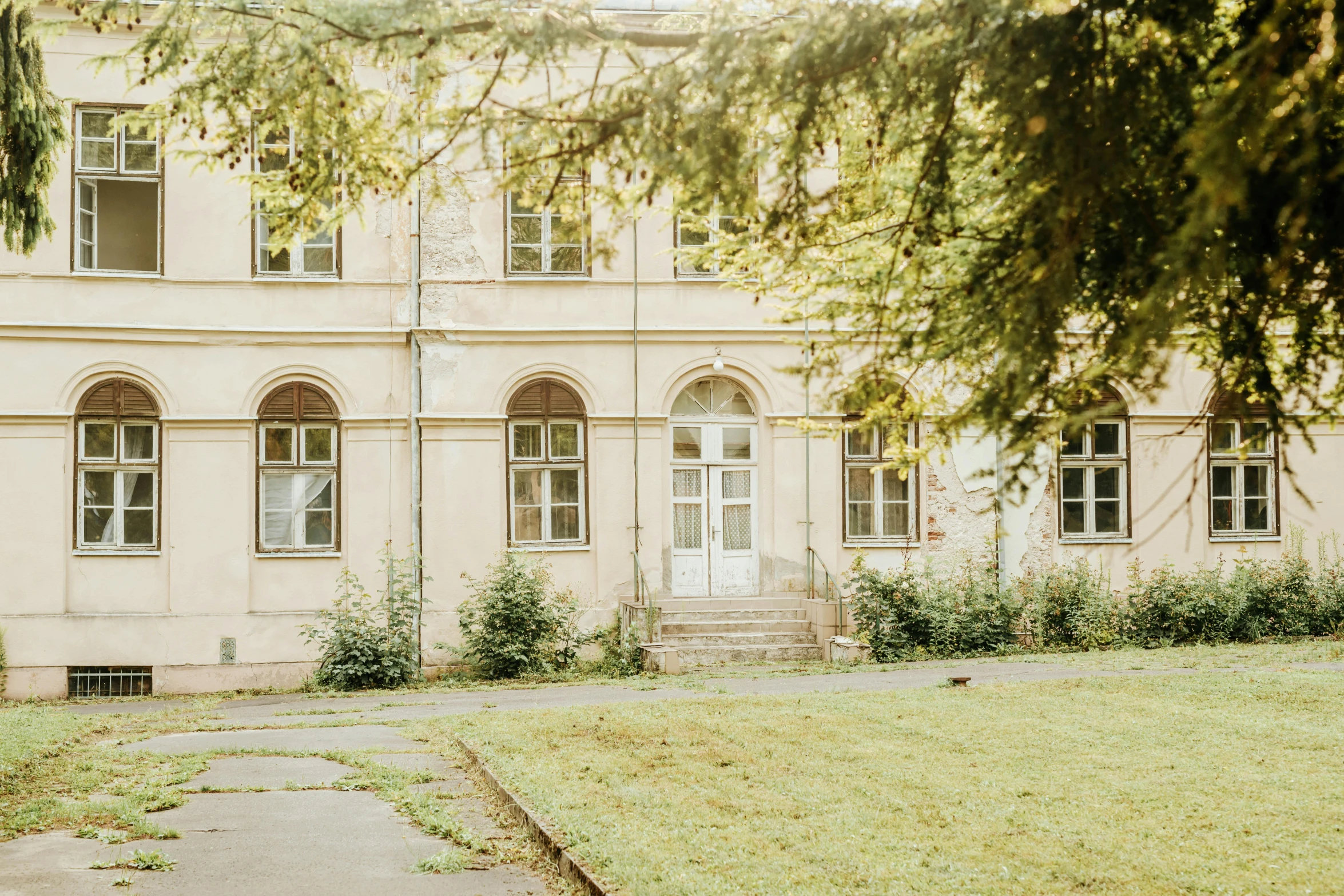 a yellow fire hydrant sitting in front of a building, an album cover, by Emma Andijewska, pexels contest winner, danube school, overgrown greenery, sunfaded, mansion, background image