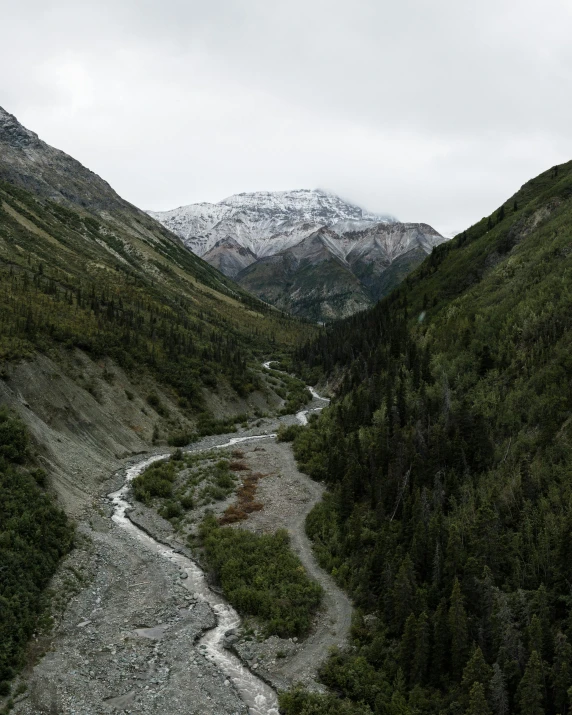 a river running through a lush green valley, an album cover, by Jessie Algie, unsplash contest winner, hurufiyya, in the snow mountains, photo of putin, grey skies, overview