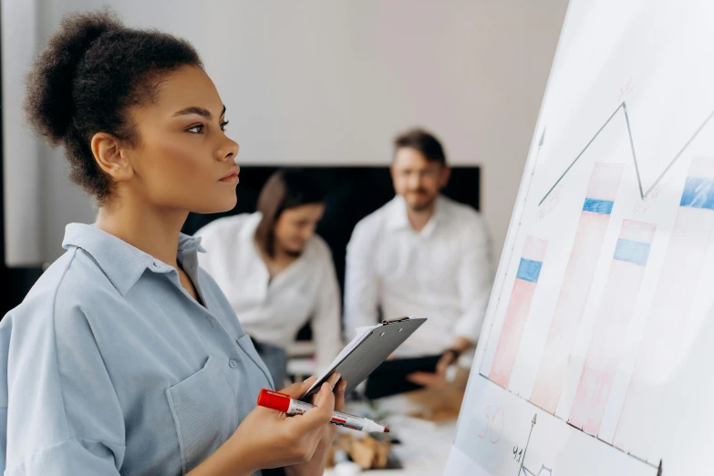 a woman standing in front of a white board with graphs on it, trending on pexels, avatar image, holding a clipboard, people at work, sharp focus »