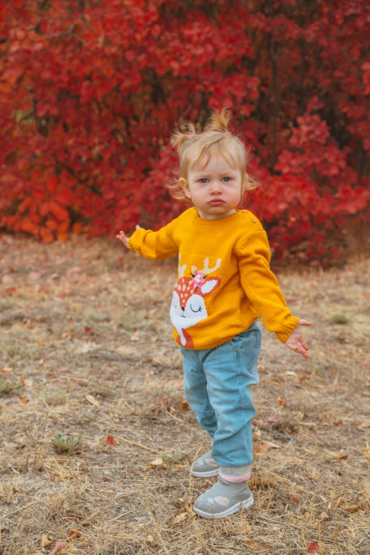 a little girl that is standing in the grass, gold and yellow notched antlers, red sweater and gray pants, walking towards camera, 🍁 cute